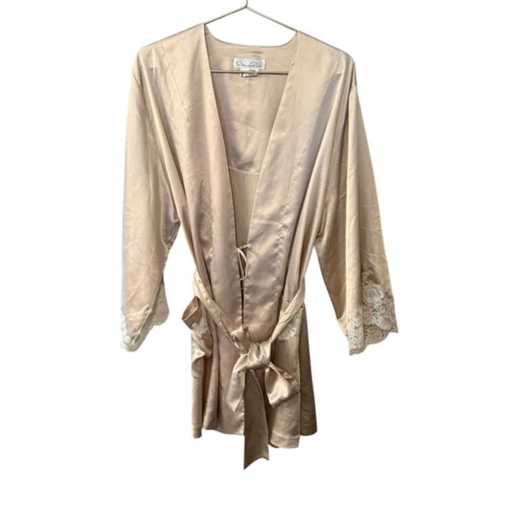 Vintage Oscar De La‎ Renta Satin Short Robe  Champagne Coquette Sexy Lace Trim L